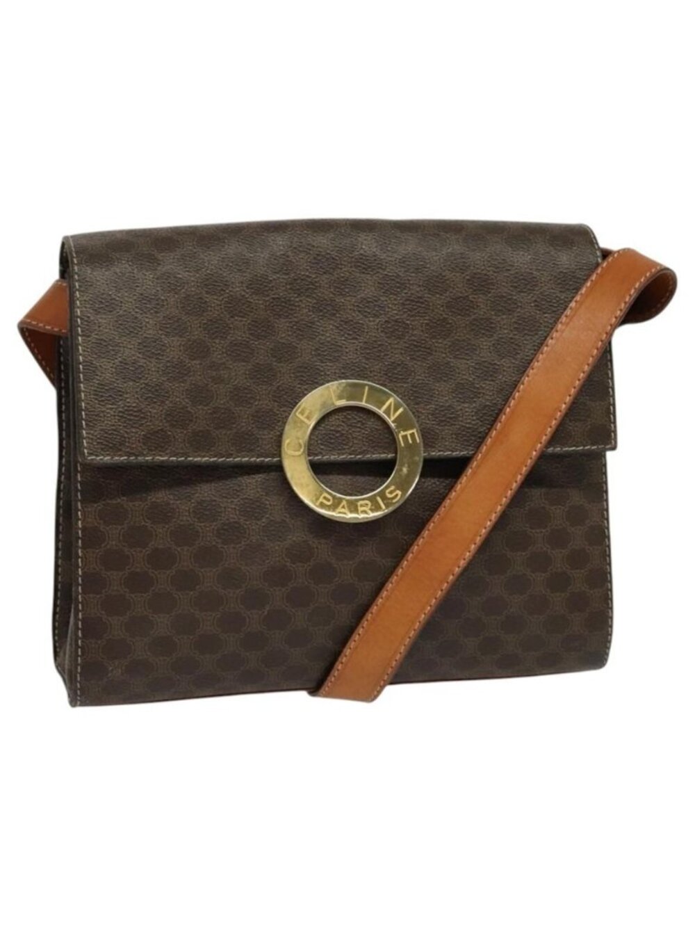 Authentic CELINE Macadam Canvas Circle Shoulder Bag PVC Leather Brown Gold